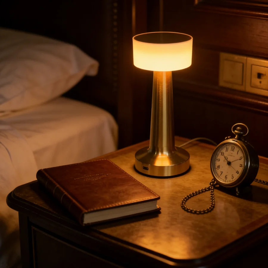 Ember cordless lamp glowing on a bedside table