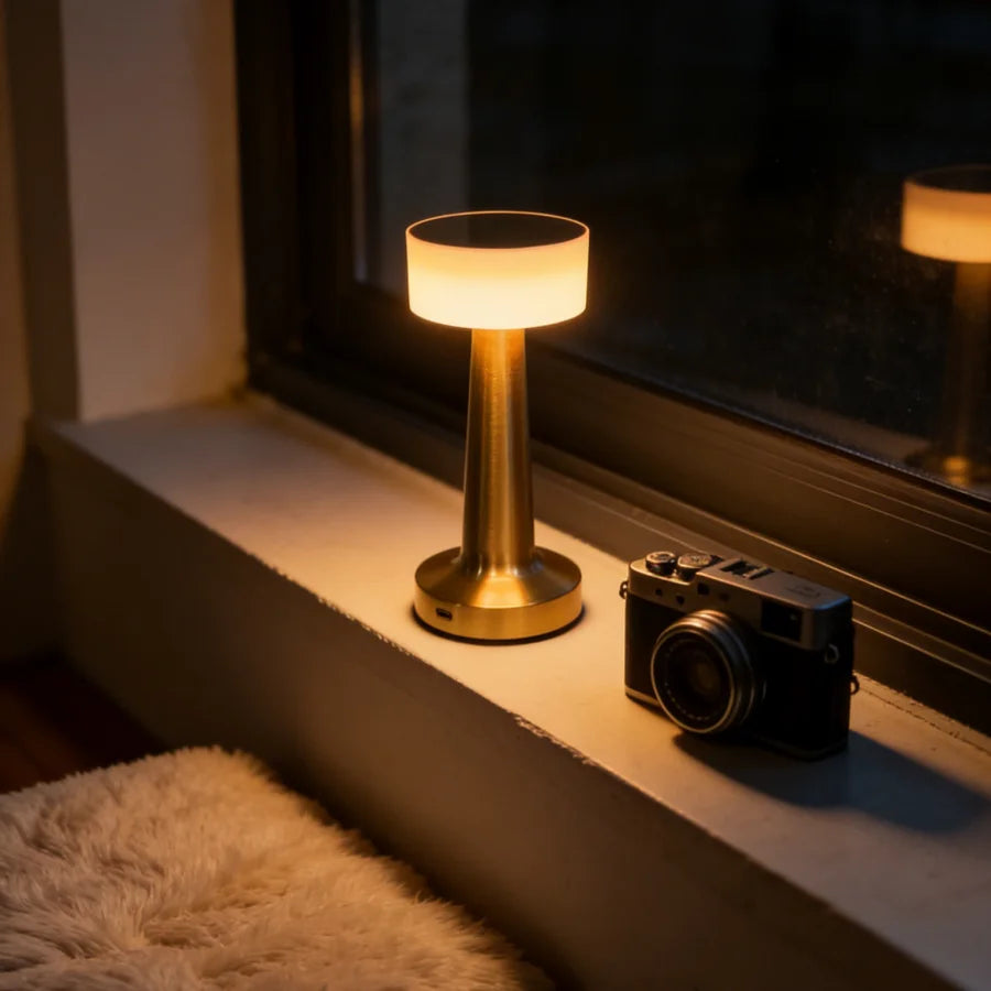 Ember lamp on a windowsill at night