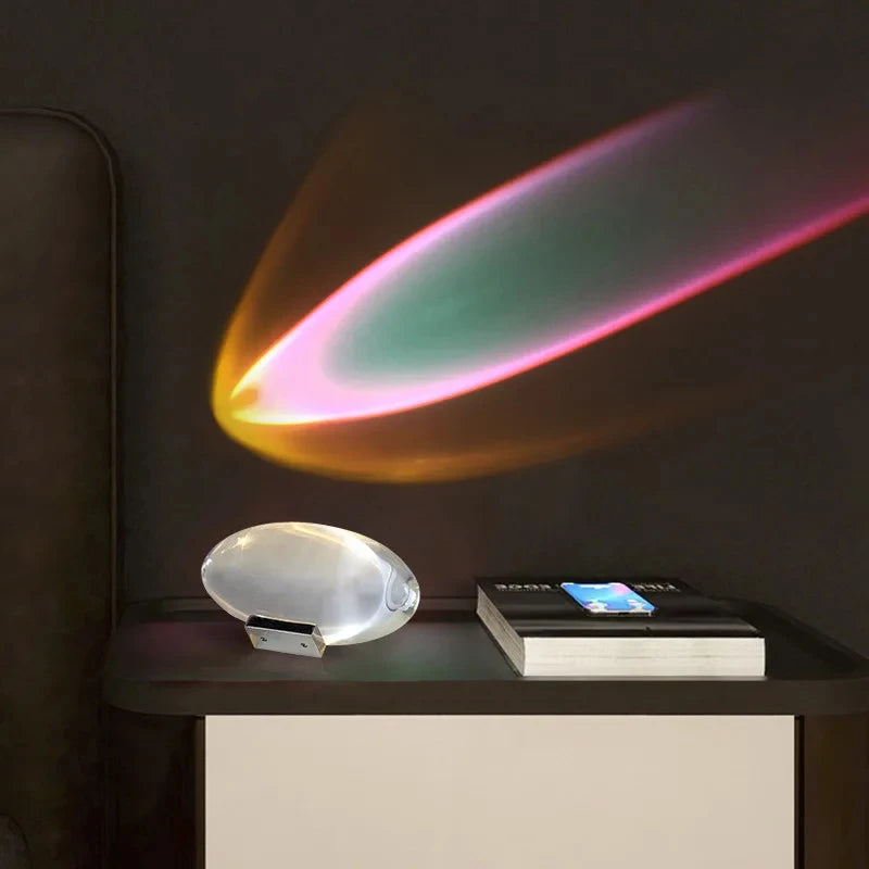 Prism Light projecting a sunset-colored beam above a nightstand