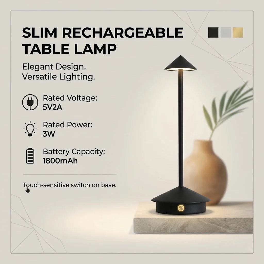 Spire lamp specs: 3W, 1800mAh battery, touch switch