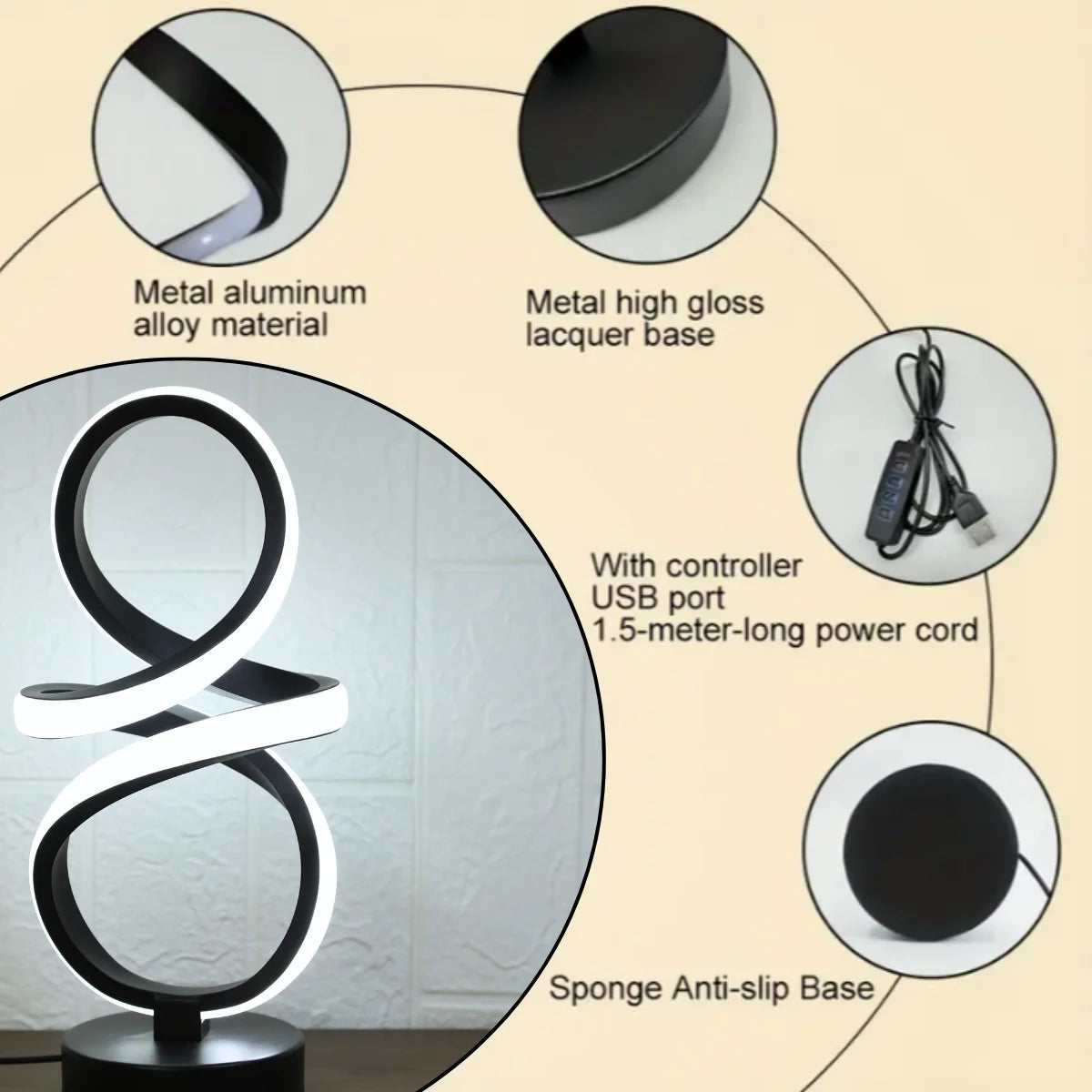 Loop Lamp materials: aluminum alloy, gloss base, USB controller