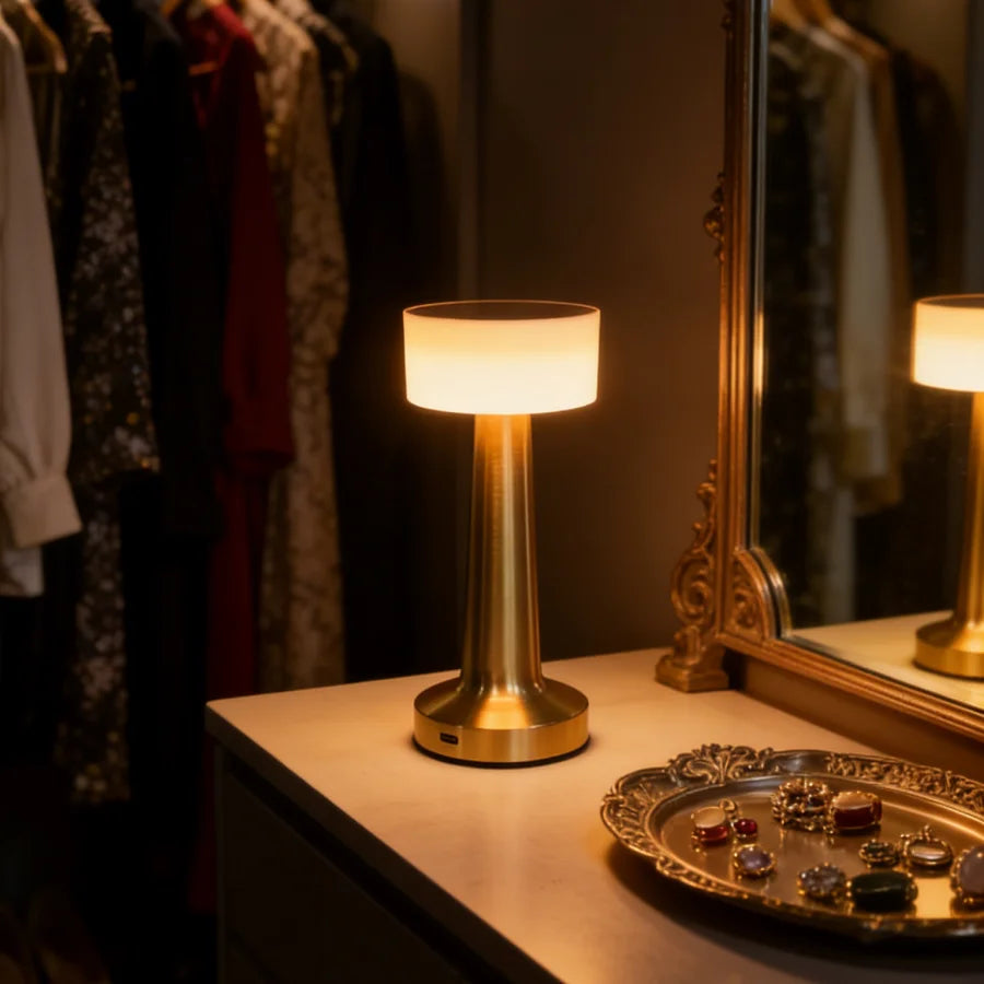 Ember lamp on a dresser beside a mirror