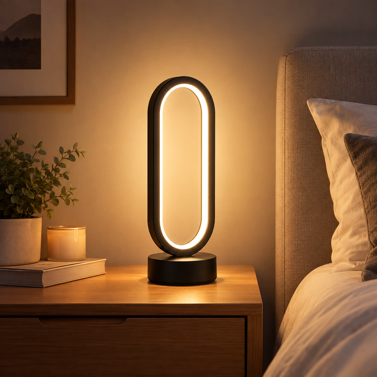 The Halo Lamp glowing warm on a bedside nightstand