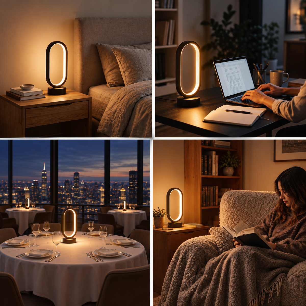 Halo Lamp in a bedroom, a home office, a restaurant and a reading nook